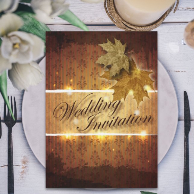 Damask Gyllene blad Fall Bröllopsinbjudan Inbjudningar (Damask Golden Leaves Fall Wedding invitation)