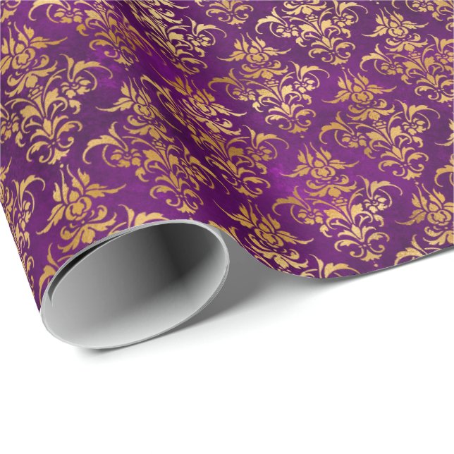 Damask Halloween Spell Guld Lila Mönster Presentpapper (Rullad Hörn)