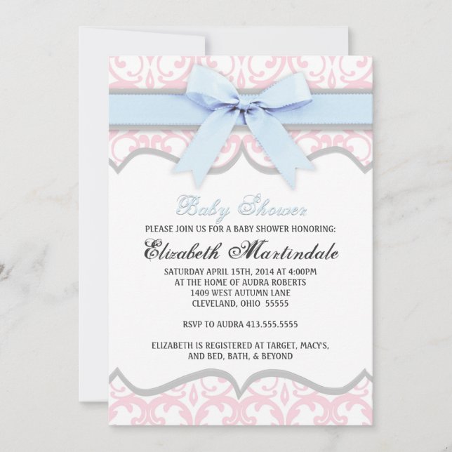 Damask Heart Blue Rosa Baby Shower-inbjudan Inbjudningar (Framsida)