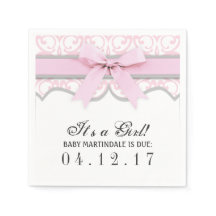 Damask Heart Rosa Ribbon Baby Shower Napkin
