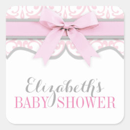 Damask Heart Rosa Ribbon Baby Shower Sticker Fyrkantigt Klistermärke