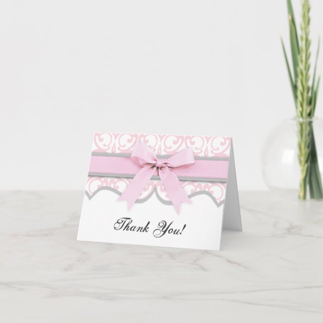 Damask Heart Rosa Ribbon Baby Shower Tack Kort (Framsida)