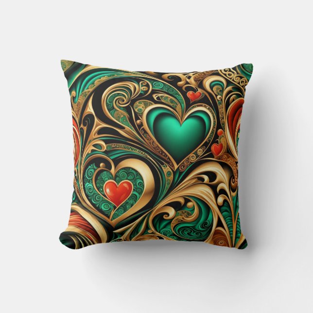 Damask Hearts Guld Teal Coral Repeat Mönster Kudde (Framsida)