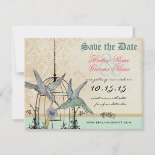Damask Hummingbird Birdcage Bröllop spara datum Inbjudningar