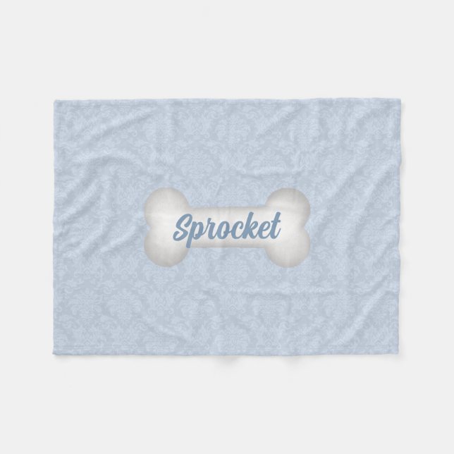 Damask i blått med Hund Bone Fleecefilt (Framsidan (Horisontell))