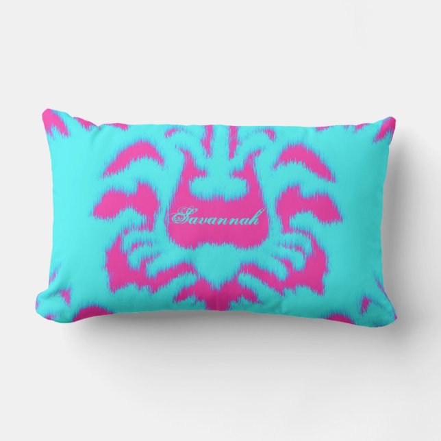 Damask Ikat Bright Aqua & Shock rosa Pillow Utomhuskudde (Framsida)