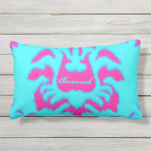 Damask Ikat Bright Aqua & Shock rosa Pillow Utomhuskudde
