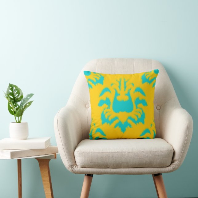 Damask Ikat Mustard Gult Bright Aqua Pillow Kudde (Stol)