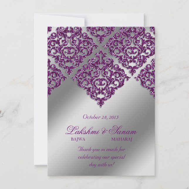 Damask Inbjudan Fotokort Silver Lila Glitter (Framsida)