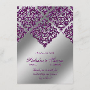 Damask Inbjudan Fotokort Silver Lila Glitter