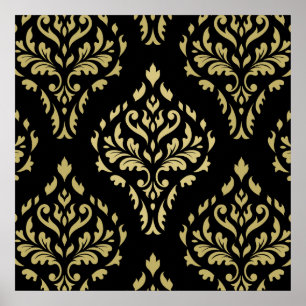 Damask Leafy Baroque Mönster Black & Golds Poster
