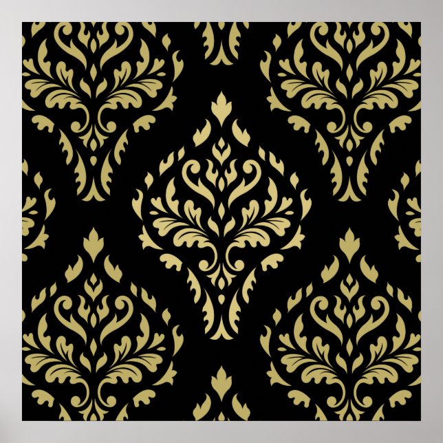 Damask Leafy Baroque Mönster Black & Golds Poster (Framsidan)