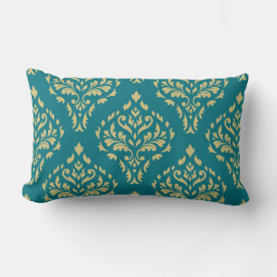 Damask Leafy Baroque Mönster Teal & Guld I Lumbarkudde