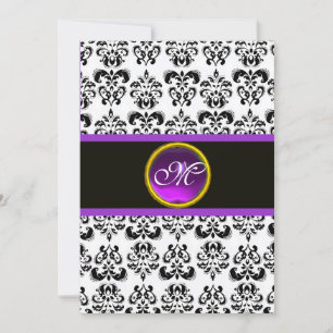 DAMASK LILA AMETIST MONOGRAM,svart och vit Inbjudningar