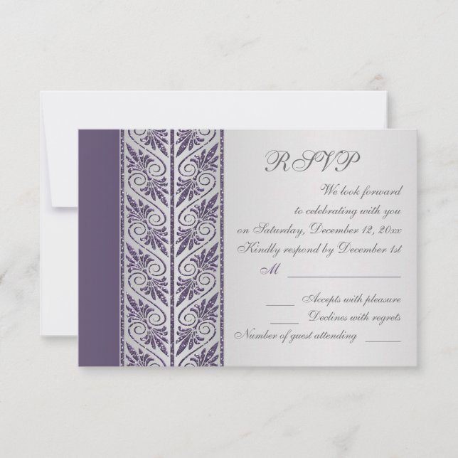 Damask lila på silver Bröllopsjubileum RSVP OSA Kort (Framsida)
