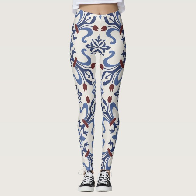Damask Majolica Pottery Tile Design Leggings (Framsida)