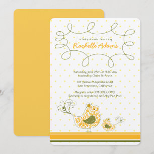 Damask Mamma och Baby Bird Chic Gult Baby Shower Inbjudningar