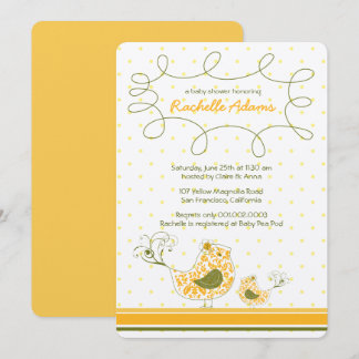 Damask Mamma och Baby Bird Chic Gult Baby Shower Inbjudningar