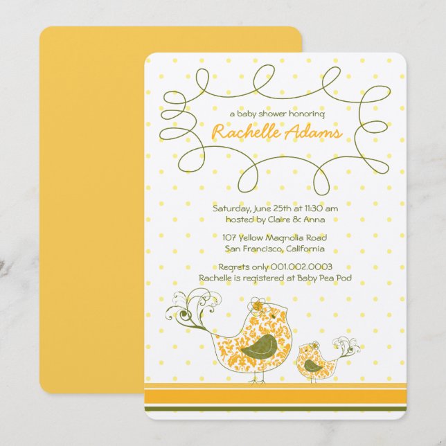 Damask Mamma och Baby Bird Chic Gult Baby Shower Inbjudningar (Fram/baksida)