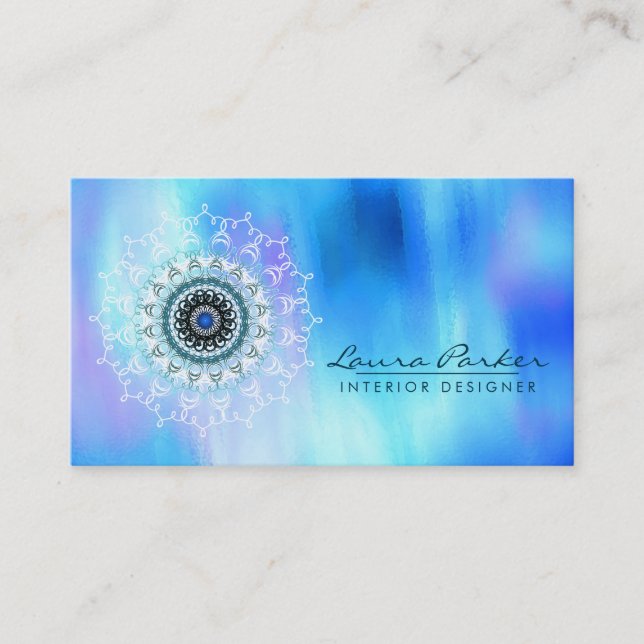 Damask Mandala Abstrakt Watercolor Blue Visitkort (Framsida)