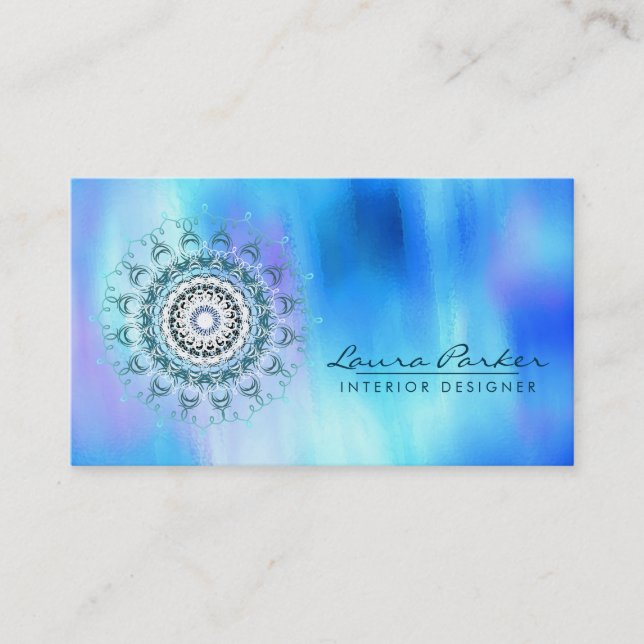 Damask Mandala Abstrakt Watercolor Blue Visitkort (Framsida)