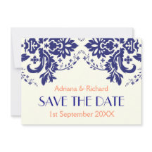Damask marinblå, korall bröllop Save the Date
