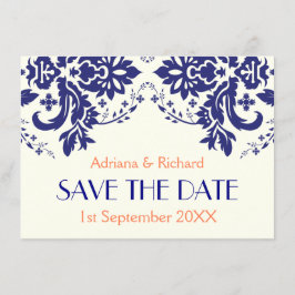 Damask marinblå, korall bröllop Save the Date Inbjudningar