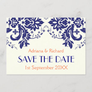 Damask marinblå, korall bröllop Save the Date Inbjudningar