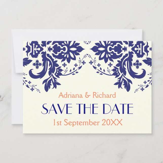 Damask marinblå, korallbröllop Save the Date Inbjudningar (Framsida)