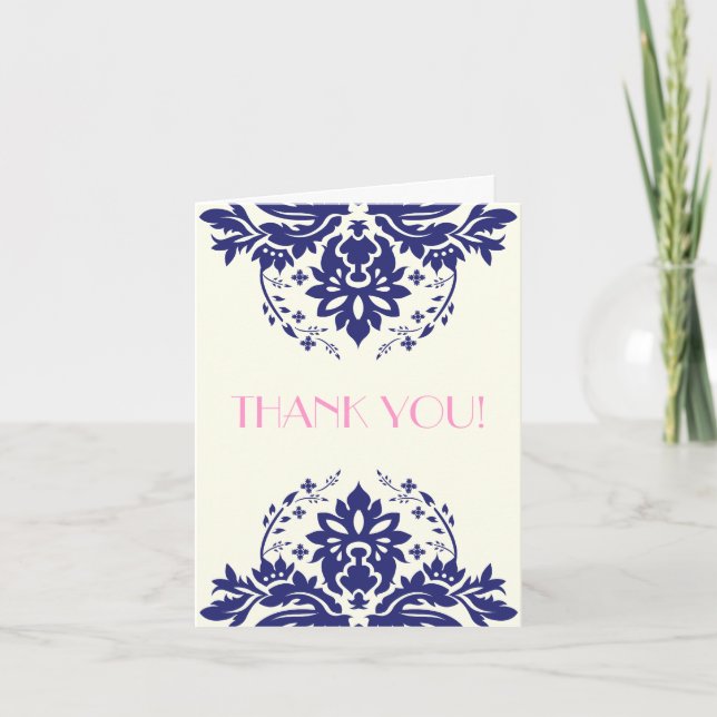 Damask marinblå, rosa bröllop Tack Kort (Framsida)
