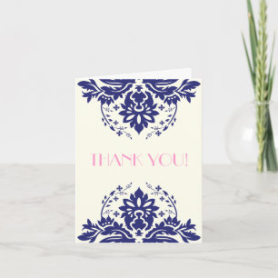 Damask marinblå, rosa bröllop Tack Kort