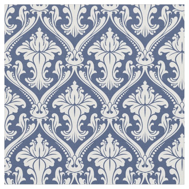 Damask Marinblått Barockmönster Tyg (Närbild)