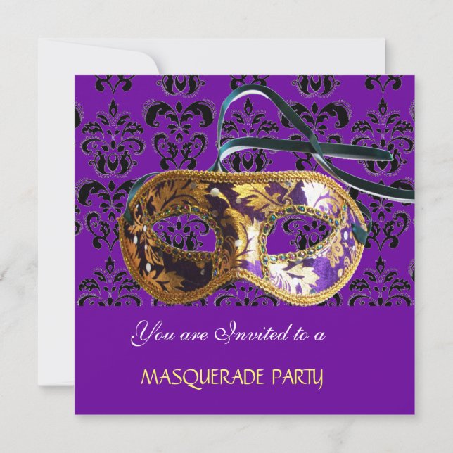 DAMASK MASKERADFEST purplett blå Inbjudningar (Framsida)