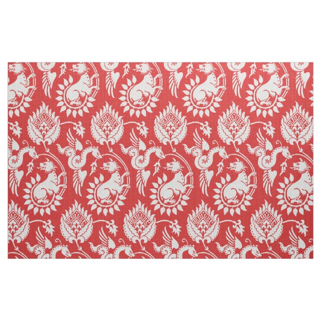 Damask med Winged Serpents, vit på rött Tyg (Fat Quarter)