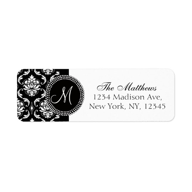 Damask Monogram Address Label Black White Returadress Etikett (Framsidan)