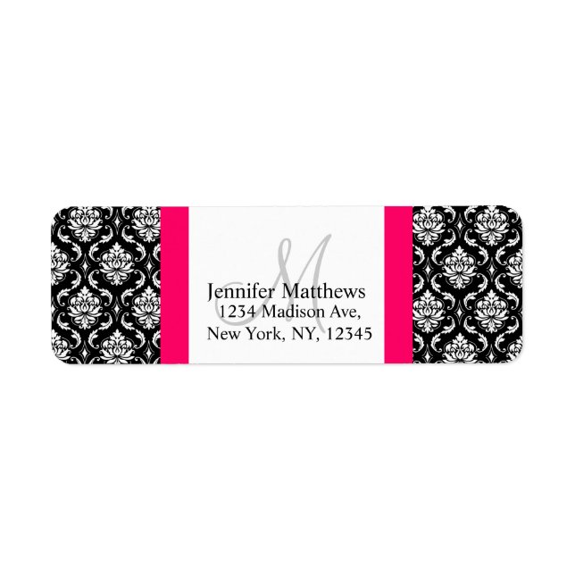 Damask Monogram Adressetiketter Rosa Black White Returadress Etikett (Framsidan)