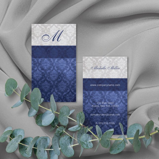 Damask Monogram Blue Grått Visitkort (Skapare uppladdad)