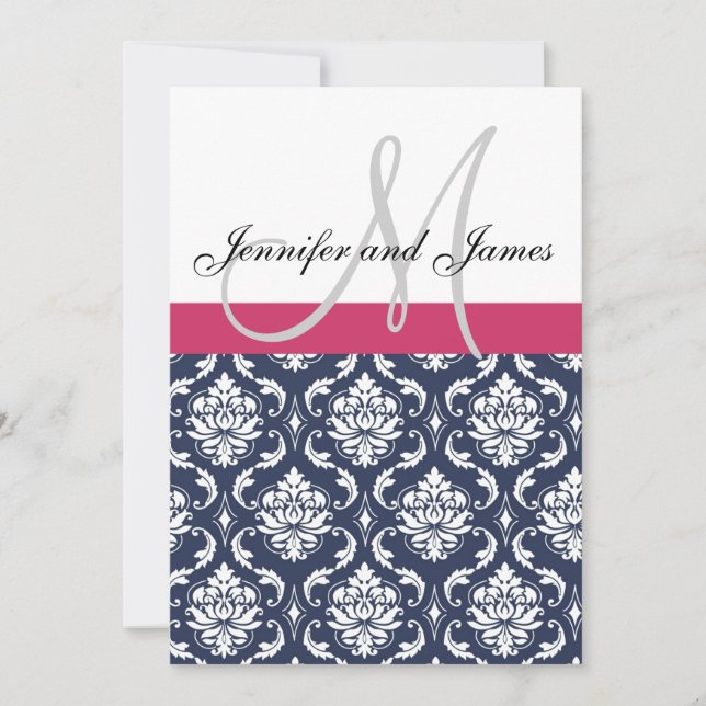 Damask Monogram Blue Rosa White Wedding bjudande Inbjudningar (Framsida)