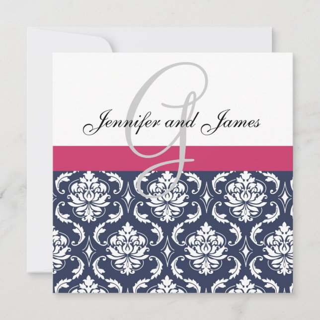 Damask Monogram Blue Rosa White Wedding bjudande Inbjudningar (Framsida)