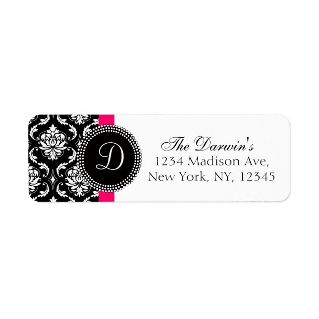 Damask Monogram Bröllop Adressetiketter Black Rosa Returadress Etikett (Framsidan)
