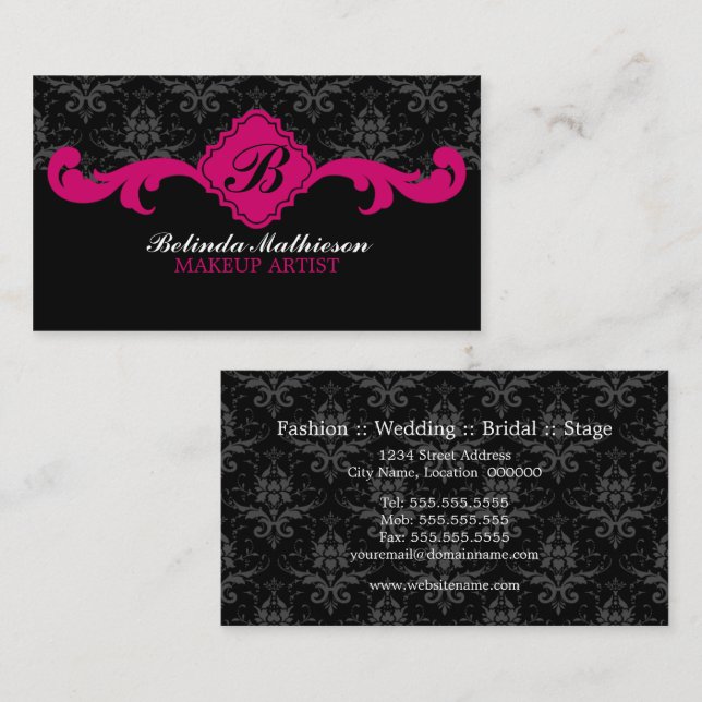 Damask Monogram Fuchsia Visitkort (Fram/baksida)