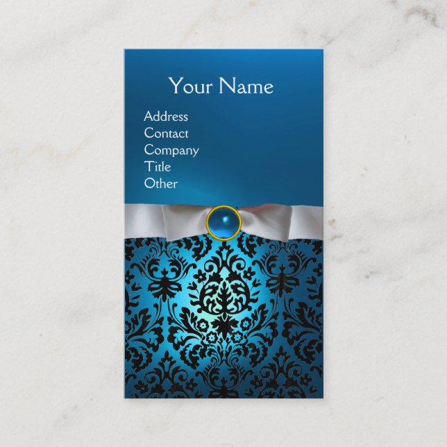 DAMASK MONOGRAM Gem blue white ribbon Visitkort (Framsida)