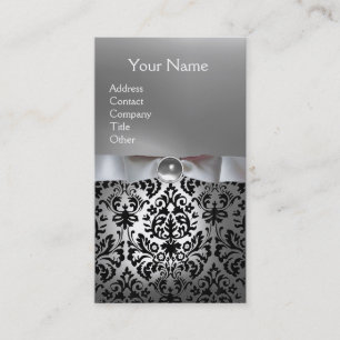 DAMASK MONOGRAM Gem white ribbon black Visitkort