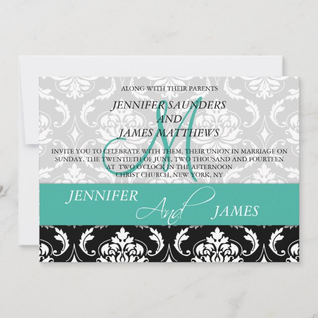 Damask Monogram Namn Turquise Wedding bjudande Inbjudningar (Framsida)
