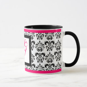 DAMASK MONOGRAM,Rosa Fuchsia Black White Blommigt Mugg
