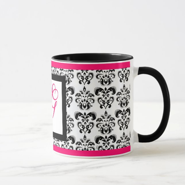DAMASK MONOGRAM,Rosa Fuchsia Black White Blommigt Mugg (Höger)