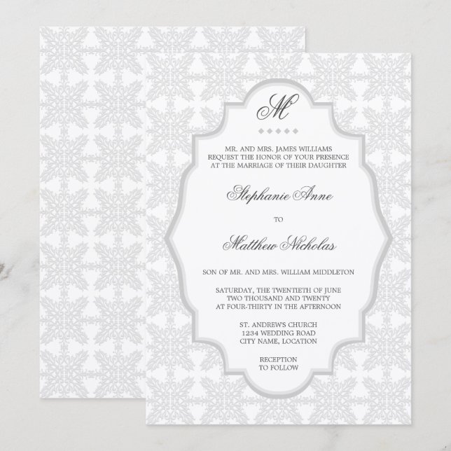 Damask Monogram Silvergrå Bröllopsinbjudan Inbjudningar (Fram/baksida)