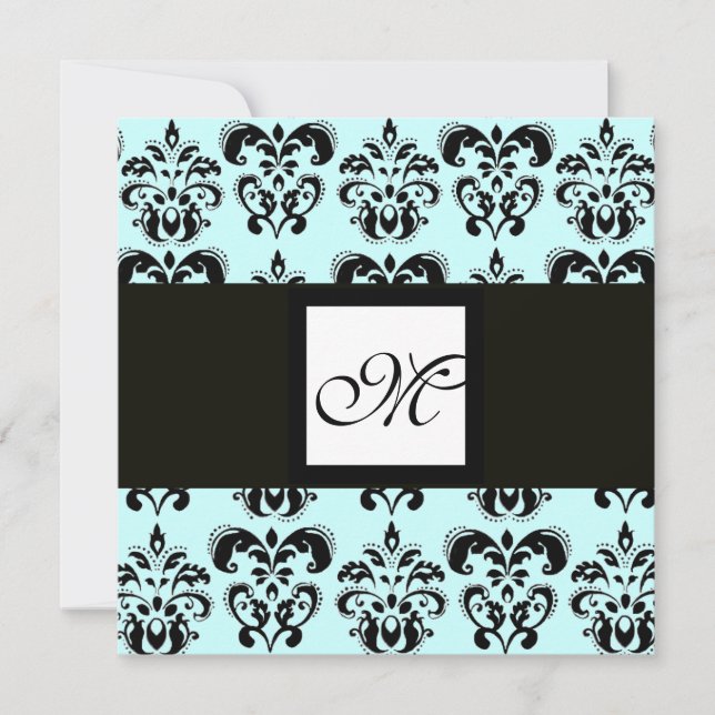 DAMASK MONOGRAM,svart och vit,blå Inbjudningar (Framsida)