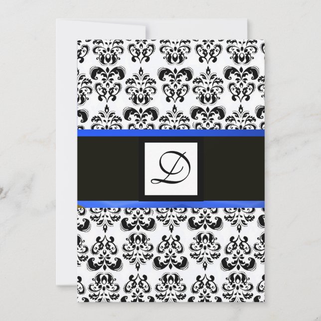 DAMASK MONOGRAM,svart och vit,blå Inbjudningar (Framsida)