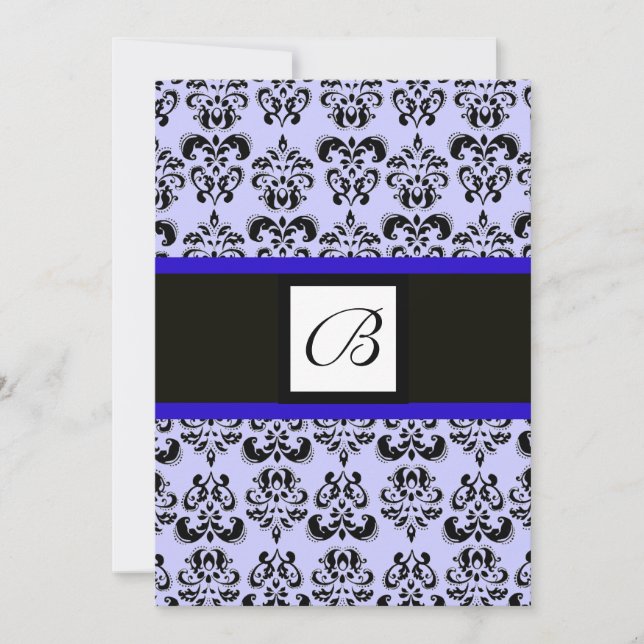 DAMASK MONOGRAM,svart och vit,blå Inbjudningar (Framsida)